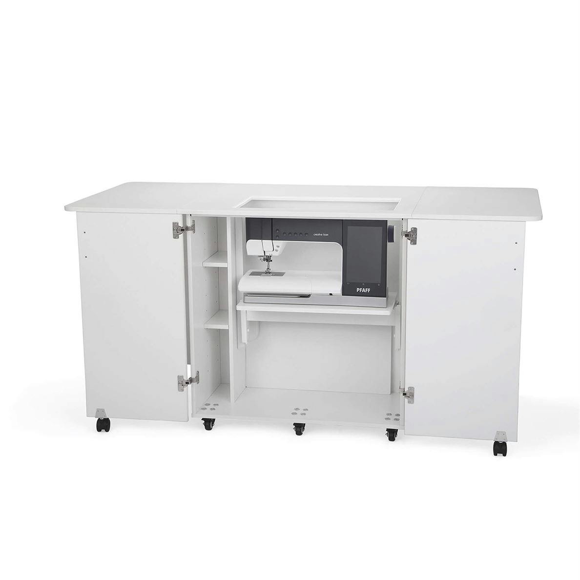 Kangaroo Emu white sewing cabinet open front with machine
