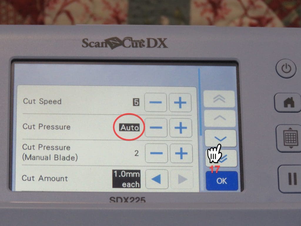 Quarantine Hair...Don't Care! 21 Screen Shot of Brother SDX225 showing cutting options with scroll arrows for additional pages