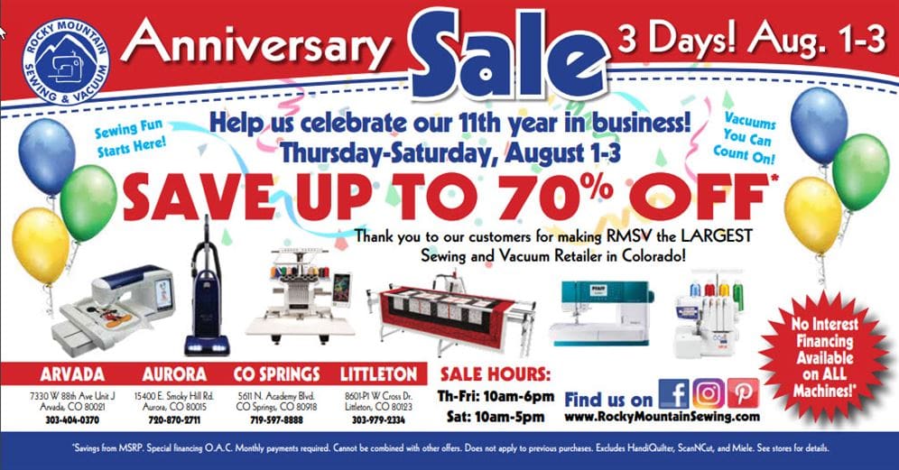 What's the Buzz: August Events at Rocky Mountain Sewing and Vacuum 1 Anniversary Sale graphic for August Events