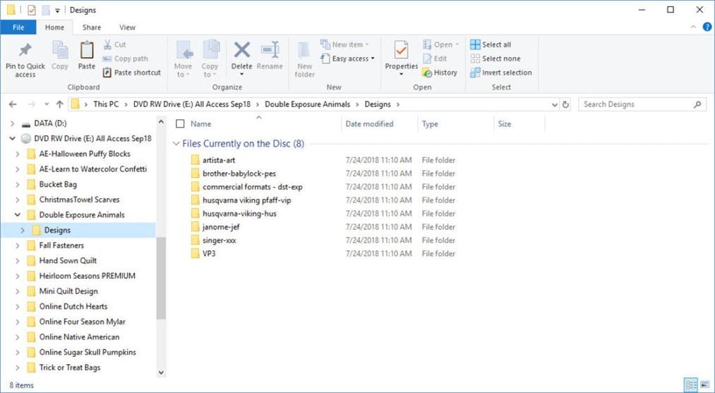 How To Transfer Embroidery Designs to Your Machine 5 Screen shot of Anita Goodesign All Access CD Design sub-pdirectory structure for one of the design collections