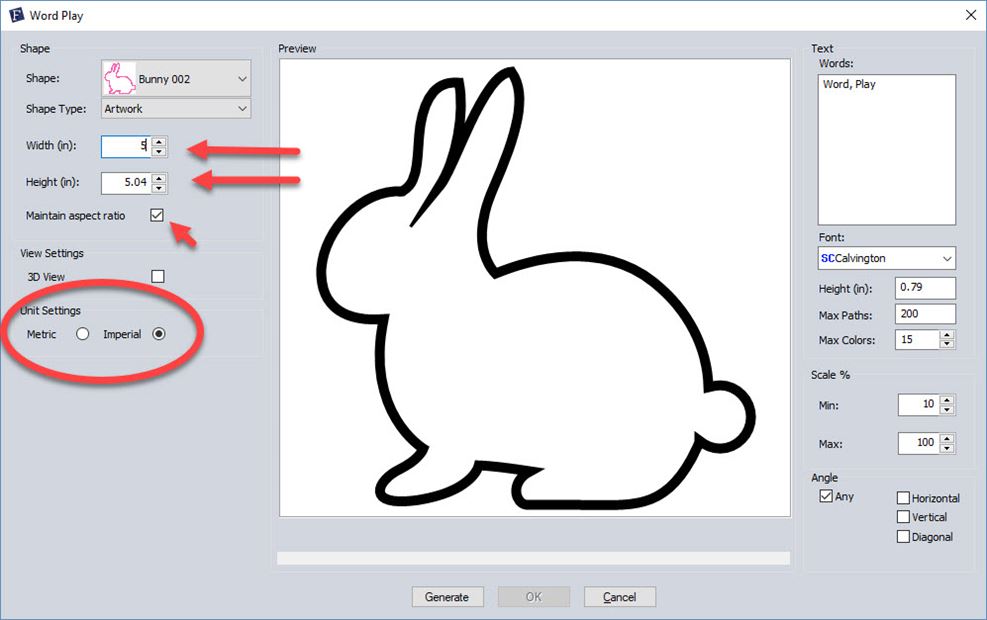 screen shot of FTC-u word play showing where to change size of shape for word collage