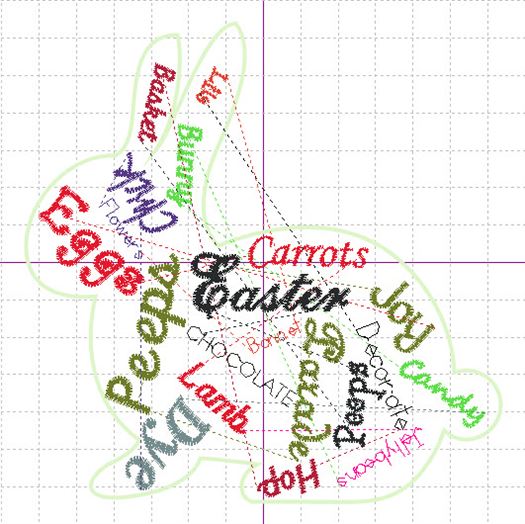 Screen shot of word collage with numerous jump stitches before reordering sequence