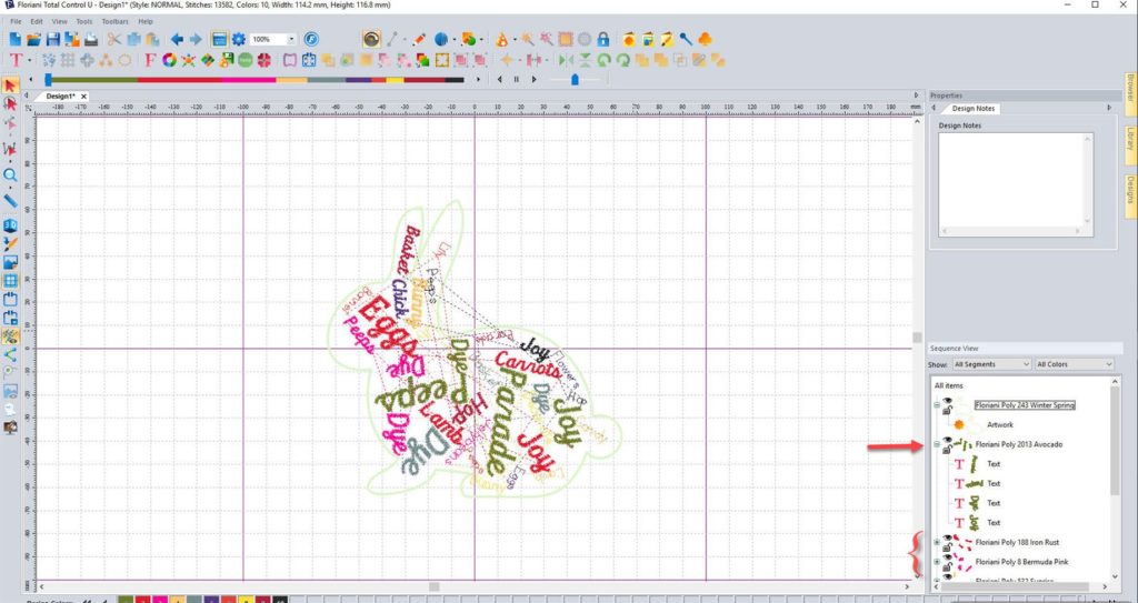 Screen shot of FTC-U word collage with arrow pointing to thread sequence that was generated.
