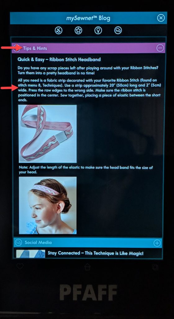 Photo of Performance Icon screen with various MySewNet Blog topics and the ribbon stitch headband circled.
