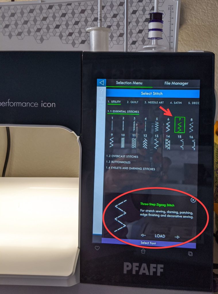 Photo of PFAFF Performance Icon panel with 3-step zig zag stitch loaded