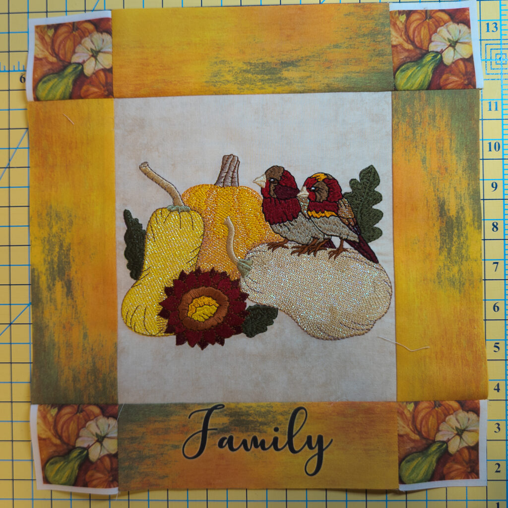 Finished quilt block with sashing and corner blocks printed on PrintModa