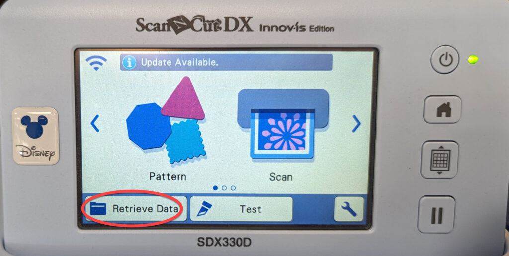 ScanNCut screen with Retrieve Data circled.