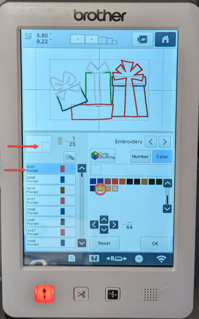Brother thread palette for placement stitch