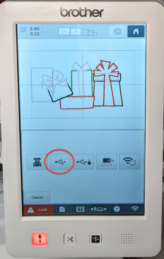 Screen of Brother PR1055X with save to USB button circled