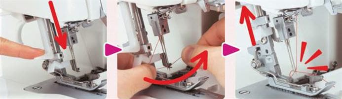 Rolled Hems: Time to Get Out the Serger! 8 Graphic of threading Juki MO2000QVP with needle threaders