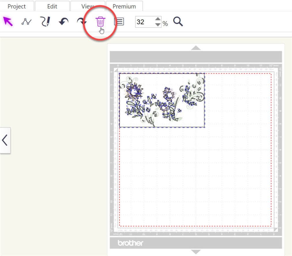 Putting on the Glitz 11 Screen shot of Canvas Workspace showing the trashcan icon to delete Glitz Garden cut lines