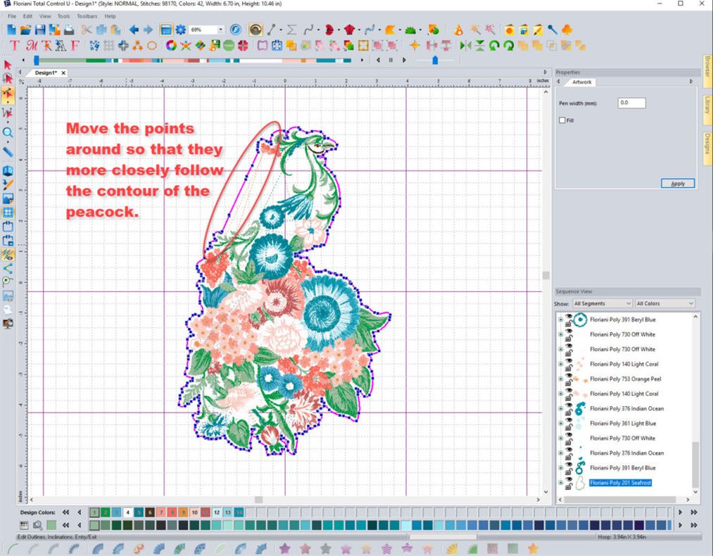 Points to be edited on outline around peacock