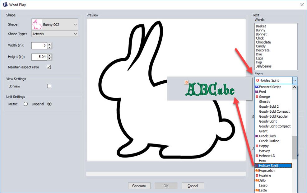 Screen shot of FTC-u word play showing how to select font for initial fill of word collage