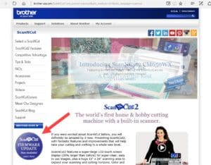 Scan N Cut2 Firmware Update 4 Screen shot of www.scanncut.com page with arrow pointing to link for ScanNCut2 firmware update.