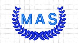 Monogram of block letters MAS with a wreath below and surrounding the initials. 