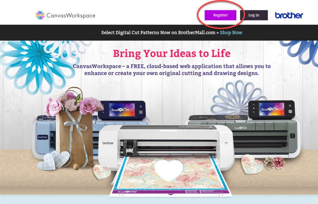 Web page to register for ScanNCut Canvas