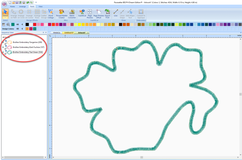 Screen shot of applique thread sequences after clicking on 