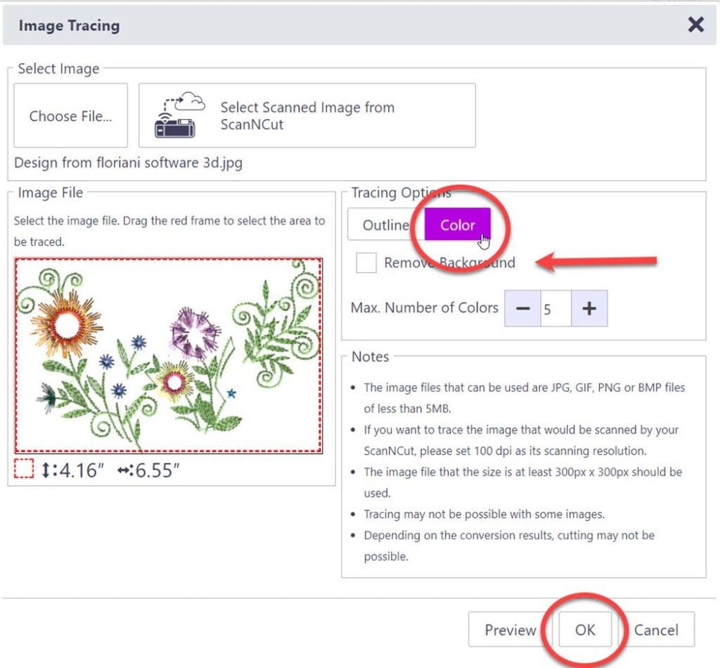 Putting on the Glitz 6 Screen shot of Canvas workspace illustrating selecting tracing options for imported Glitz Garden design.