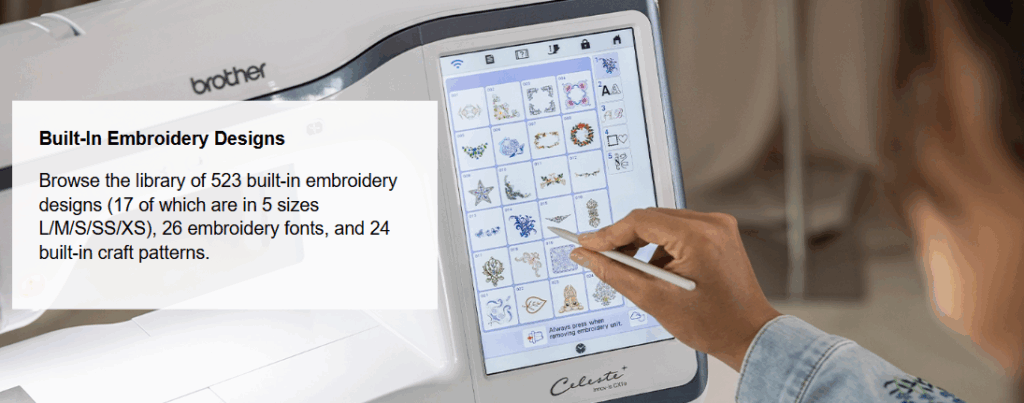 Brother CX1e built-in embroidery lettering fonts display