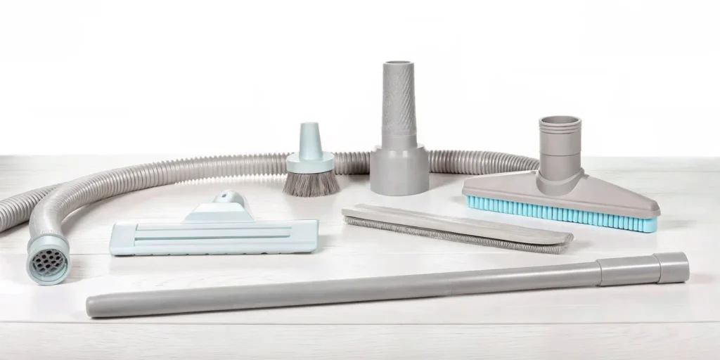 A collection of premium vacuum cleaner attachments on a wooden table in a Colorado home, featuring Miele and SEBO tools